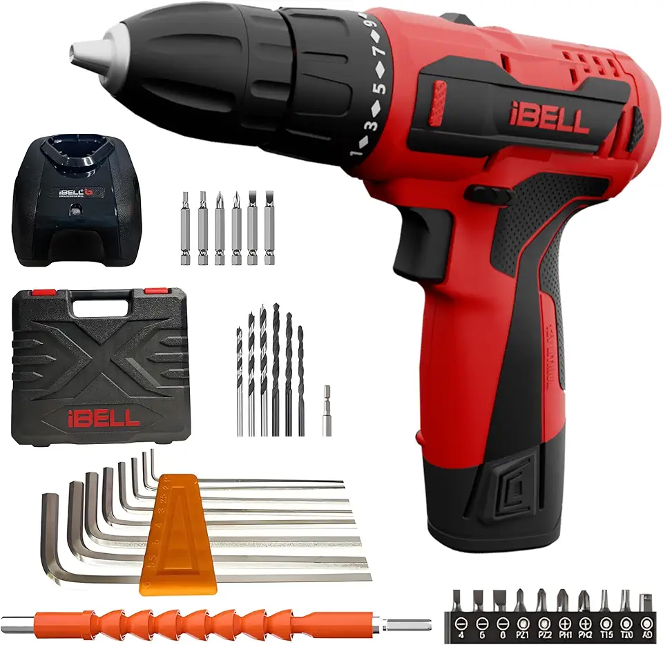 IBELL 12V Cordless Drill Driver CD12-74|17 Settings (+1 Mode setting)|1450 RPM|10mm Keyless Chuck|LED Light |2-Speed Mode|1500mAh Battery|32 Accessories|Perfect for Home & DIY Projects
