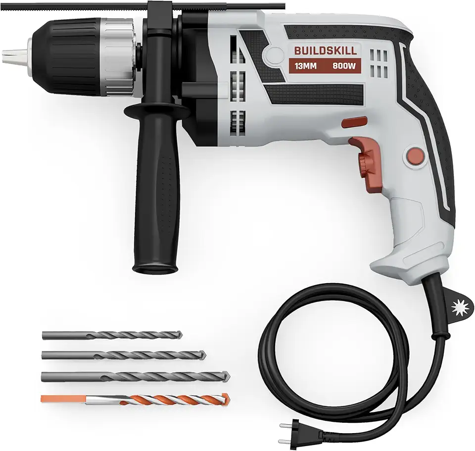 BUILDSKILL 800W Impact Drilling Machine for Home Use | 13MM Keyless Chuck | Copper Motor | 3300 RPM Variable Speed | Forward & Reverse | Drill Machine for Wall Drilling, Screwdriving & Impact Drilling